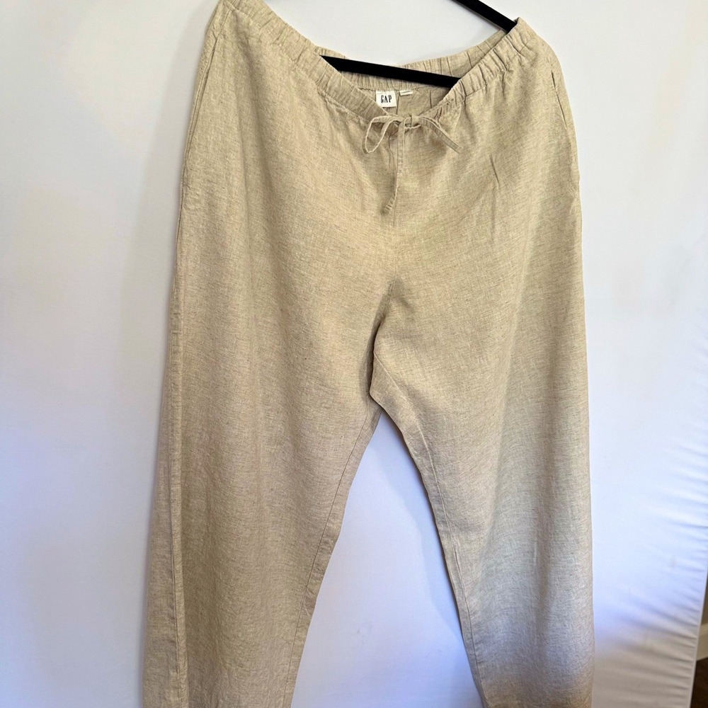 GAP Women's Beige Linen Blend Wide Leg Drawstring Pants Lightweight Size L